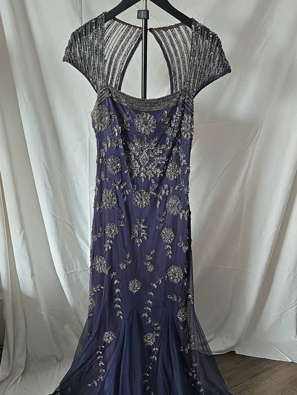 Adrianna Papell Navy Beaded Floral Evening Gown